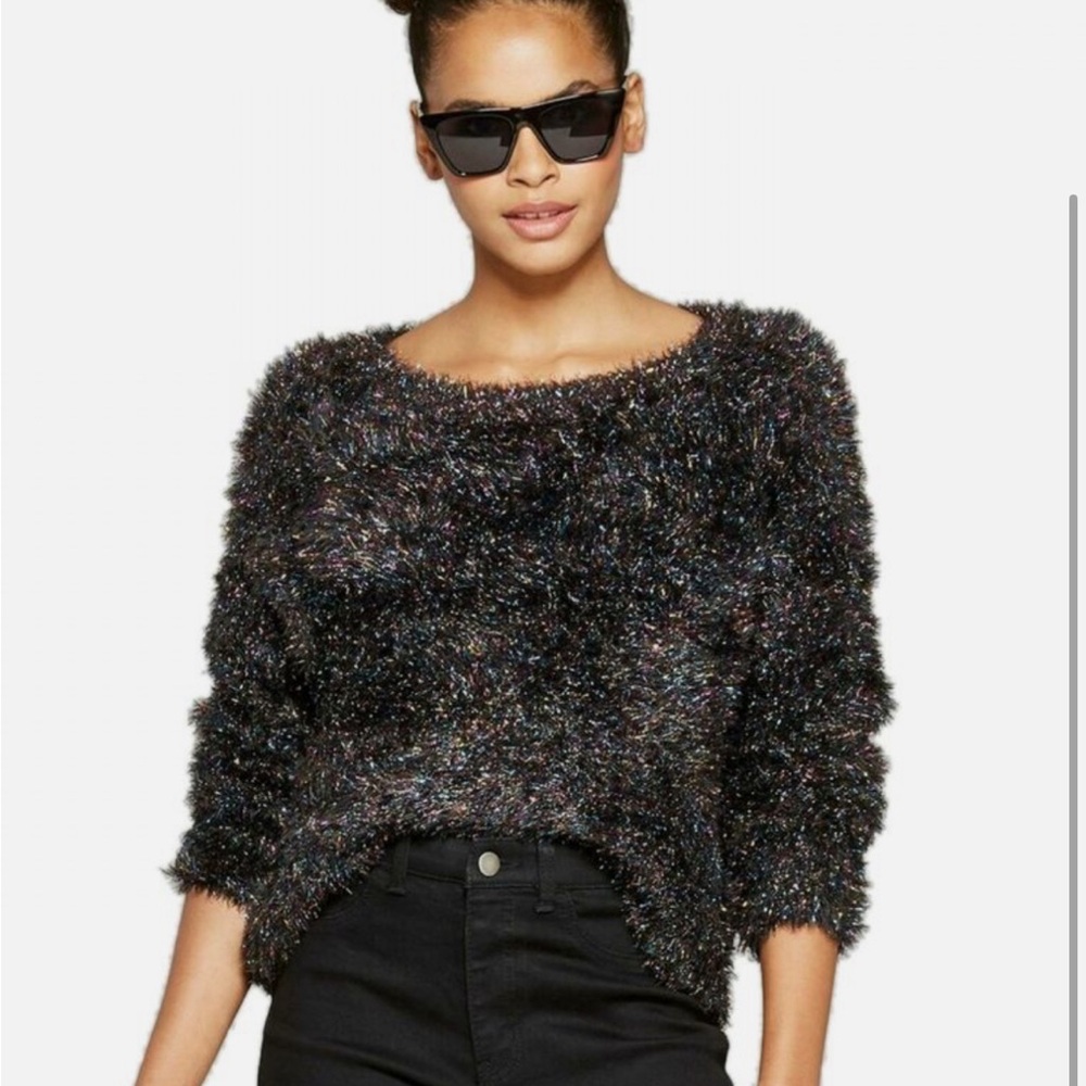 Wild Fable Tinsel Sweater Black Fuzzy Rainbow XS Sparkle Christmas New Years Eve